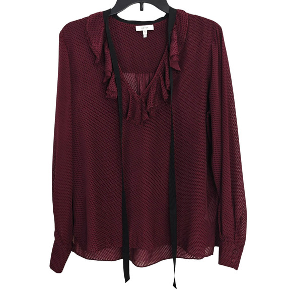 Reiss Swiss Dot Ruffle V-Neck Top Size 6 Berry Silk Blend Tie Neck Long Sleeves - Picture 2 of 9